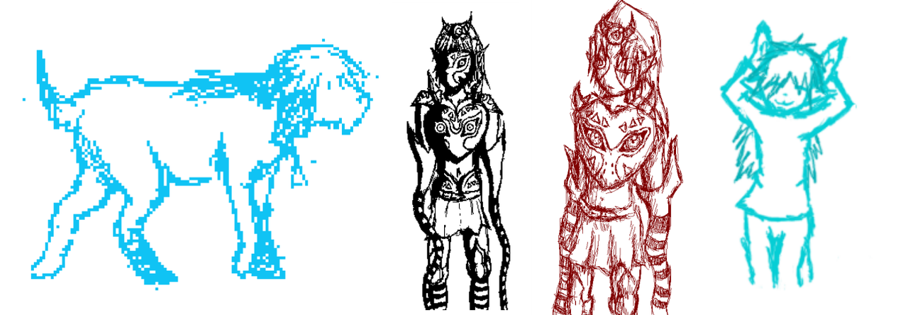 3 drawings, one of a dog, and 3 of various anime type figures. Two in the middle are something related to the majora's mask from the zelda franchise, and the last one is a catgirl doing the caramelldansen pose. they are all scribbly and drawn primarily with a 1px brush.