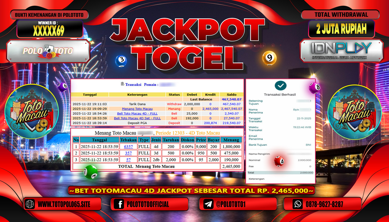 POLOTOTO JACKPOT TOGEL MENANG TOTO MACAU Rp.2.000.000,- LUNAS