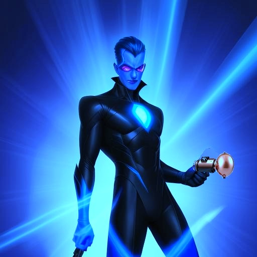 super villain with blue costume surrounded by a glow glow holding a ray gun with a copper-colored sphere at the end of the barrel
