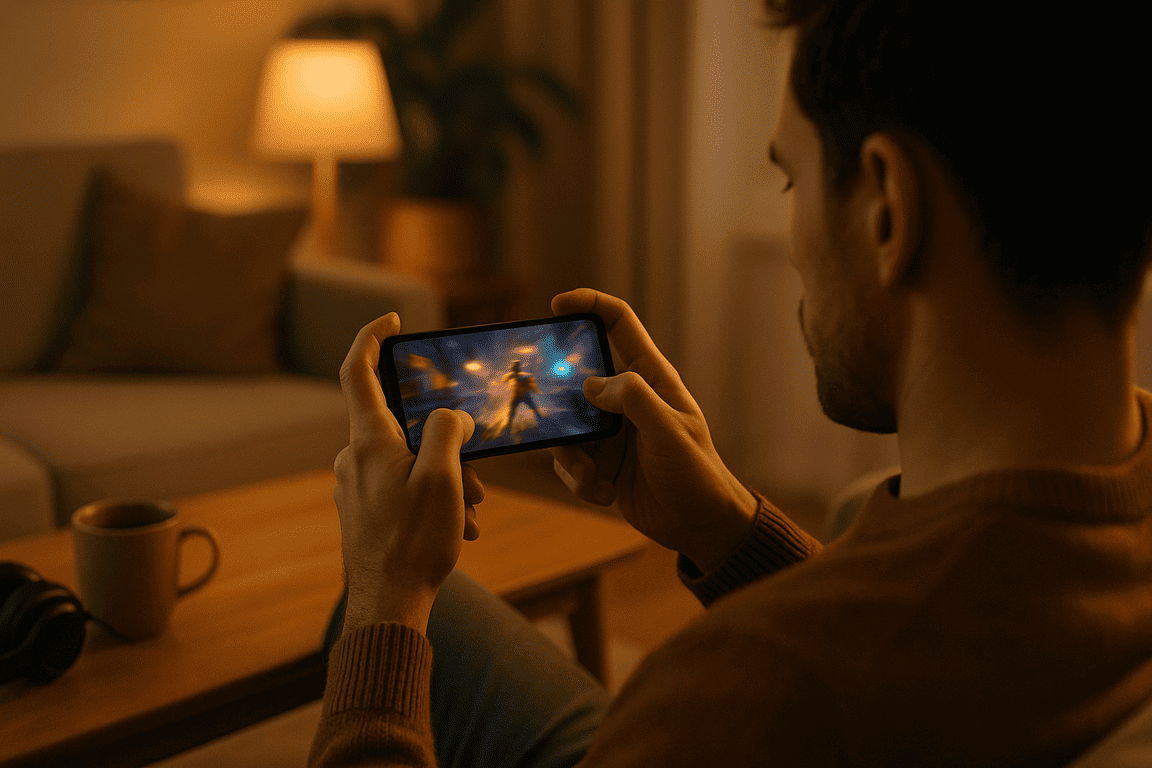 Человек играет на Android-смартфоне дома теплый вечер