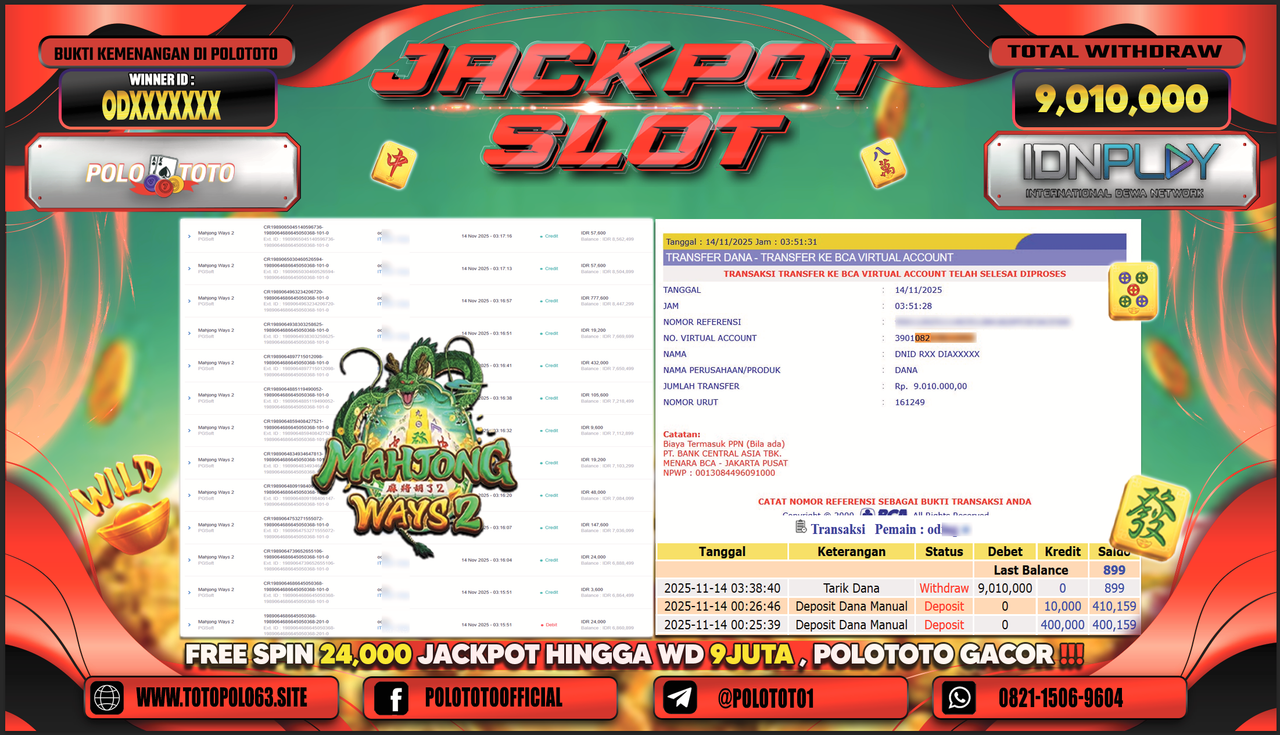 POLOTOTO JACKPOT SLOT MAHJONG WAYS 2 Rp.9.010.000,- LUNAS