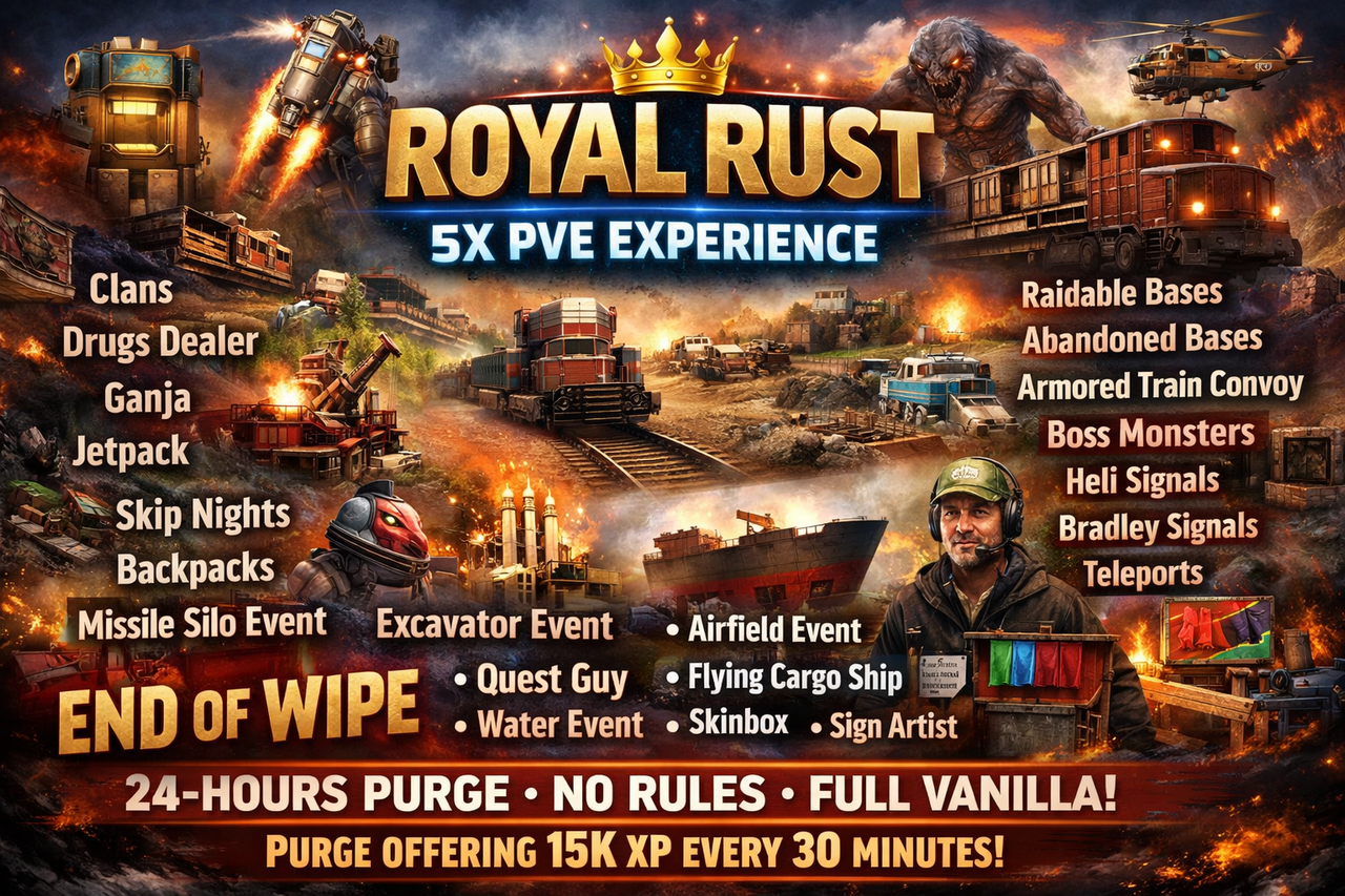 Royal Rust PVE 5X Quest|Skinbox|Skilltree|Events|Shop|Kits|RP