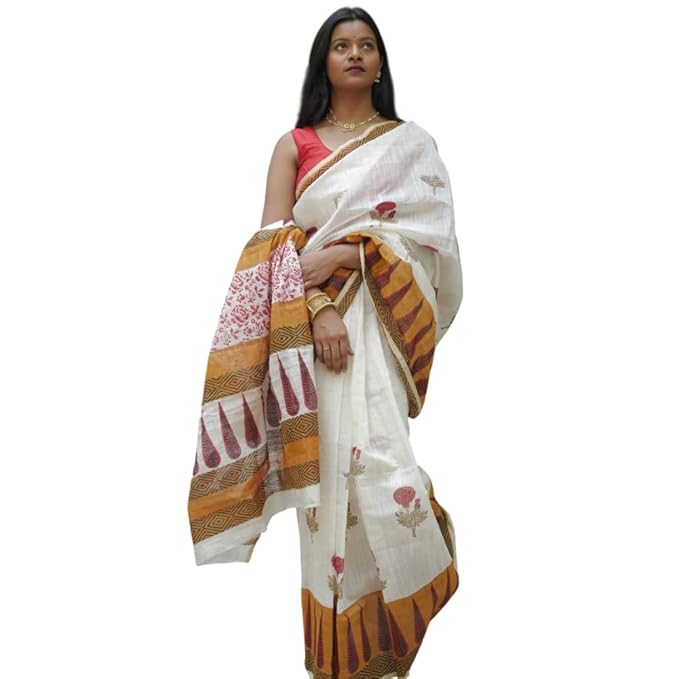 Hand Block Printed Cream Color Saree with Rust Border and Red Flower Buttis