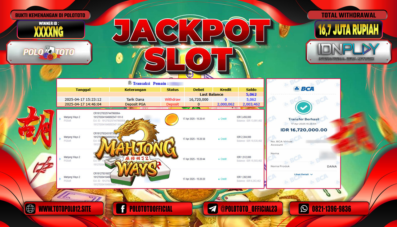 POLOTOTO JACKPOT SLOT MAHJONG WAYS 2 Rp.16.720.000,-