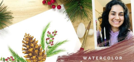 Pine Cone & Berries Christmas Watercolor Illustration Beginner Friendly