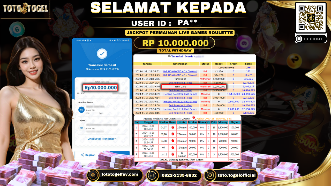 Bukti Pembayaran Jackpot Permainan Live Game Roulette  ID: PA** LUNAS 