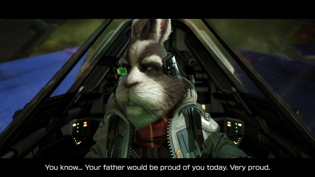 Peppy encouraging Fox while flying an Arwing