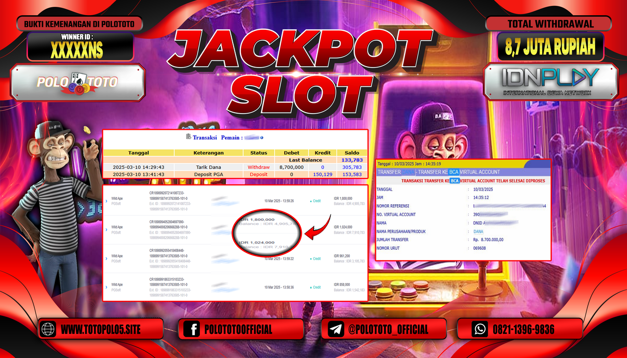 POLOTOTO JACKPOT SLOT WILD APE Rp.8.700.000,-