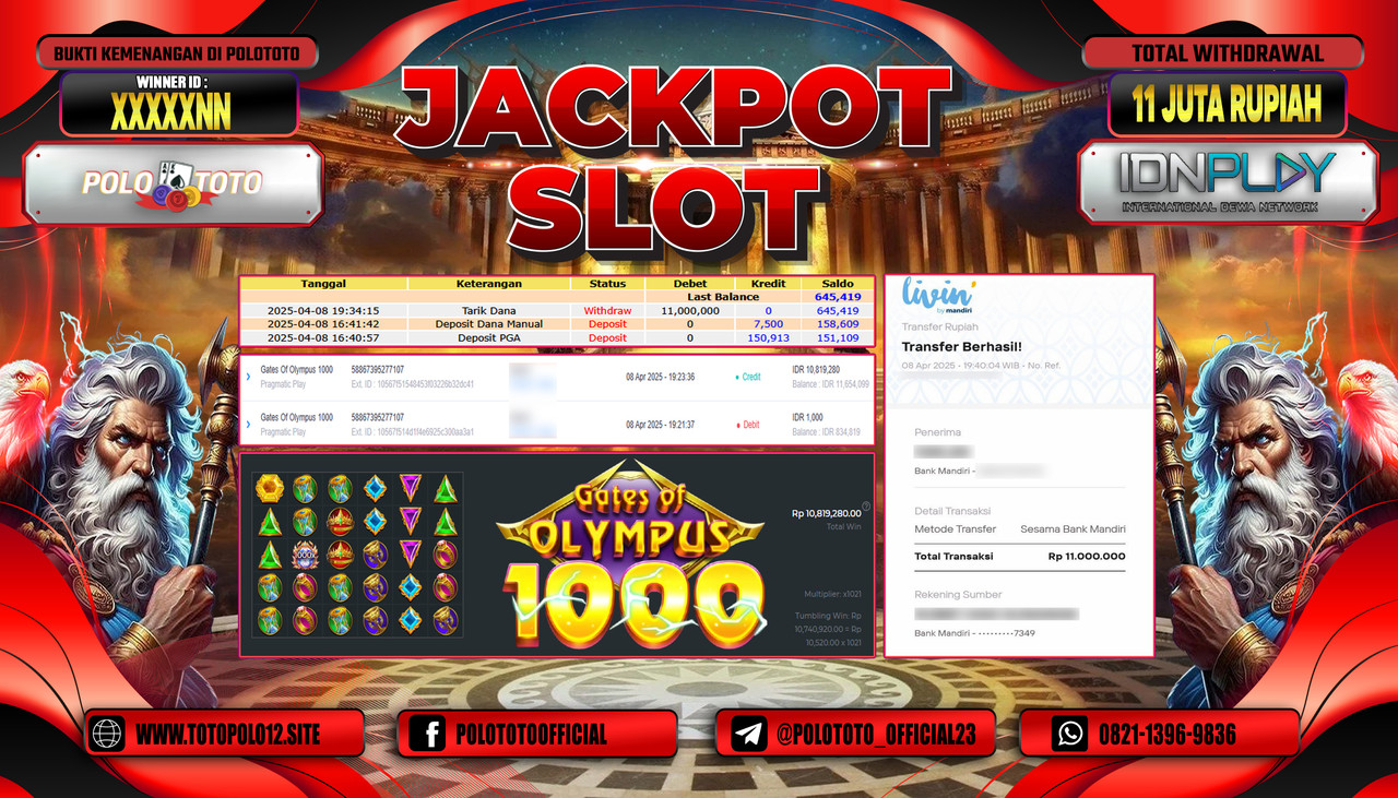 POLOTOTO JACKPOT SLOT GATES OF OLYMPUS 1000 Rp.11.000.000,-