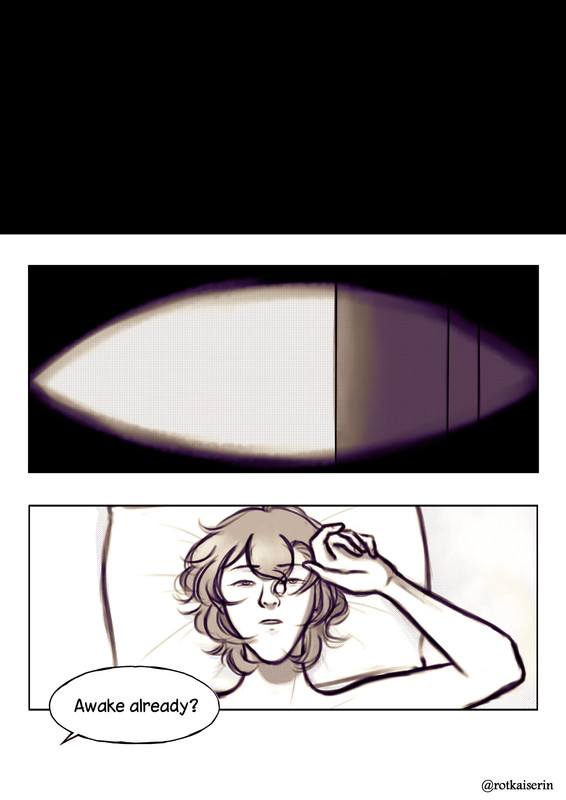Page 1 of of a a short comic featuring Izanami Hifumi/Yumeno Gentaro (Hypnosis Mic). Panel 1: Pitch black darkness. Panel 2: The darkness starts to clear, a ceiling coming into view. Panel 3: As he lays in bed, Gentaro starts to open his eyes. Off screen, a voice says 'Awake already?'