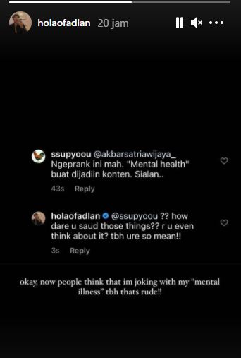 Unggahan Instagram Story Fadlan Holao. 

