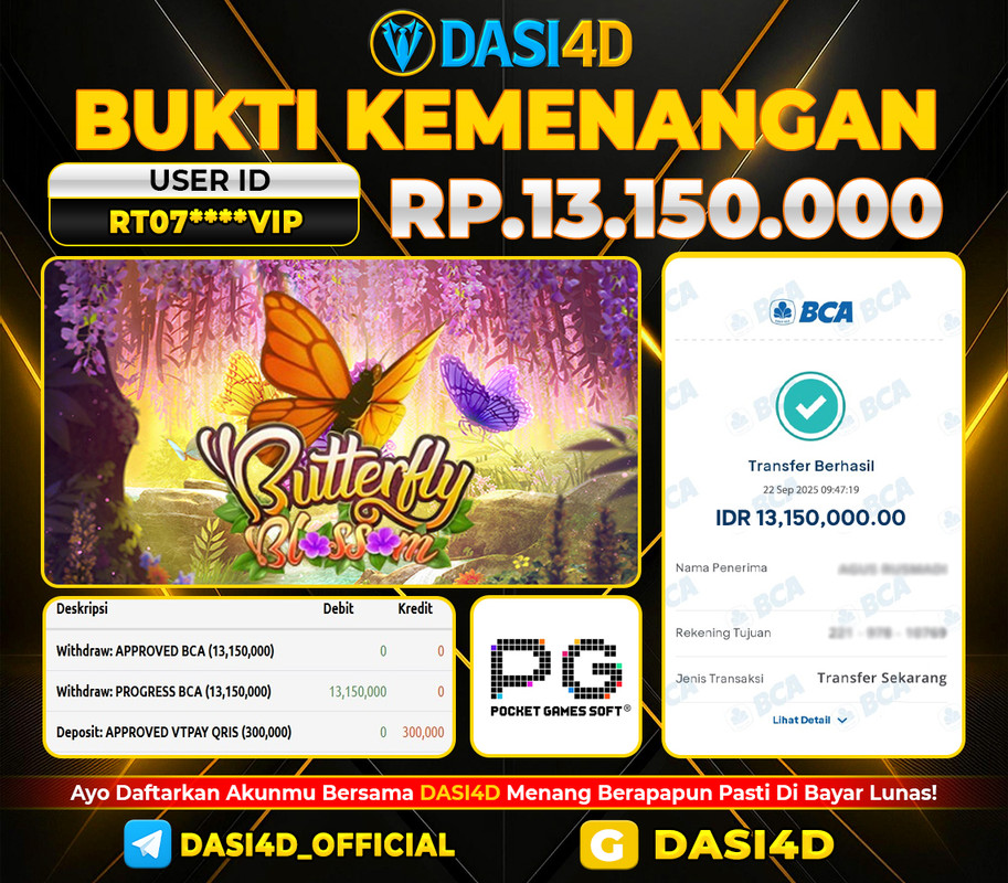 BUKTI KEMENANGAN 22 SEPTEMBER  2025 DI  BUTTERFLY BLOSSOM RP. 13.150.000
