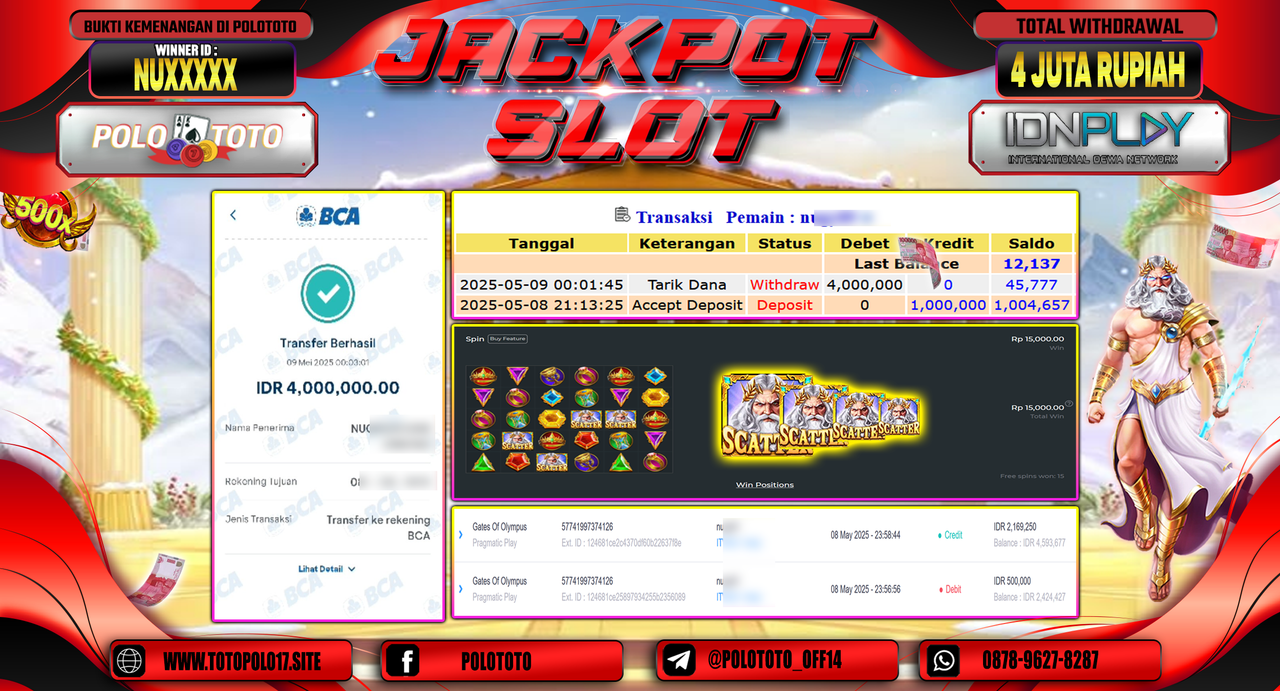 POLOTOTO JACKPOT SLOT GATES OF OLYMPUS Rp.4.000.000,-