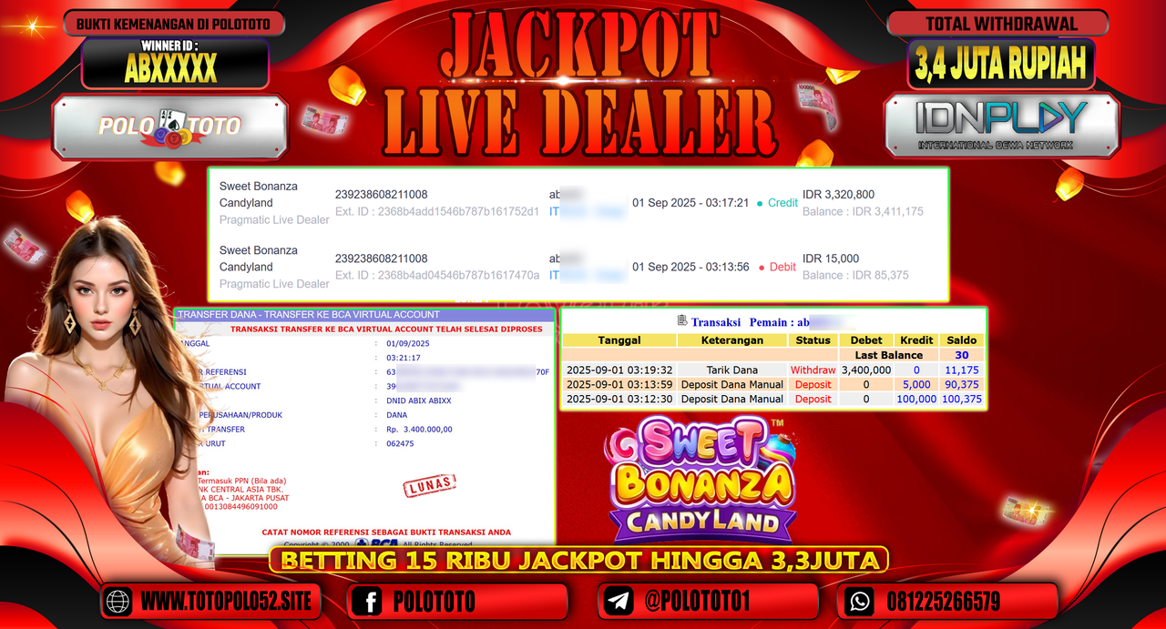 POLOTOTO JACKPOT SLOT SWEET BONANZA CANDYLAND Rp.3.400.000,-