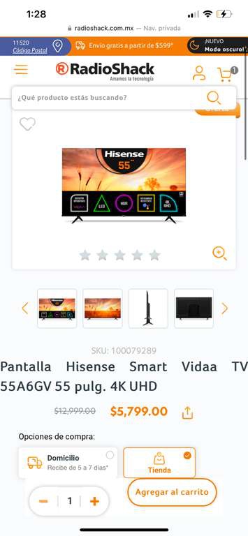 Radioshack: Pantalla Hisense Smart Vidaa TV 55A6GV 55 pulg. 4K UHD | Pagando con BBVA 
