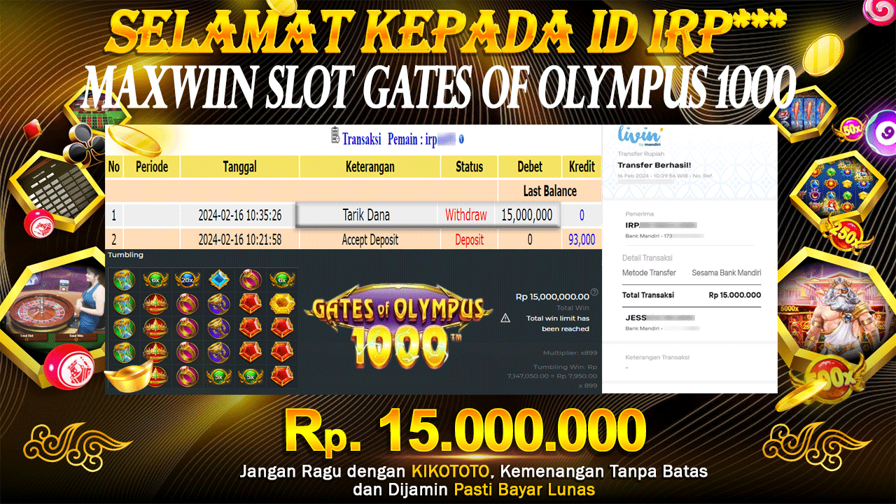MANTAP !!! MAXWIIN MODAL KECIL MENANG BESAR DI SLOT GATES OF OLYMPUS 1000 SEBESAR Rp.15.000.000 LANGSUNG DI BAYAR LUNAS OLEH KIKOTOTO SECEPAT KILAT