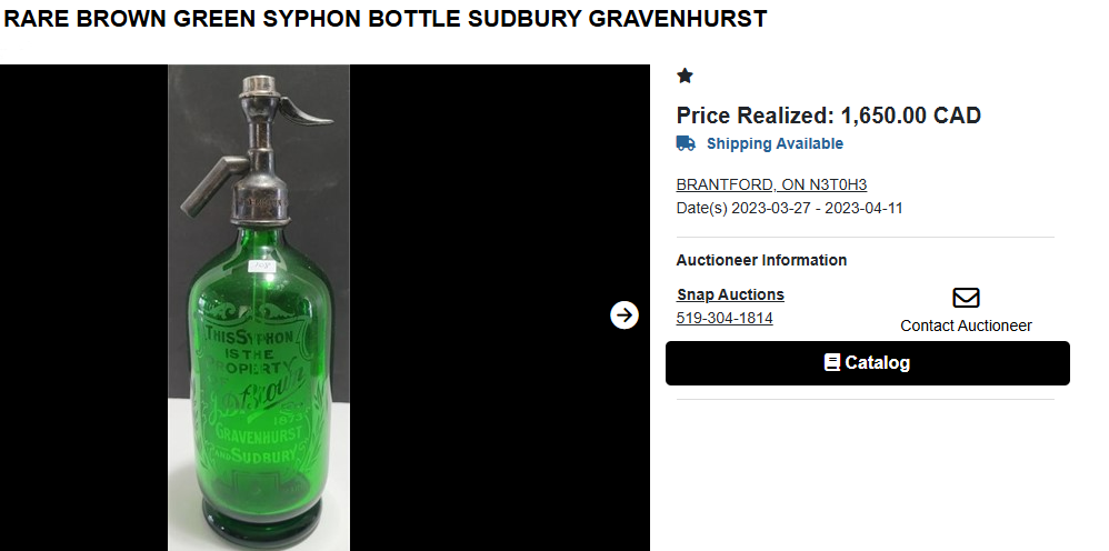 RARE BROWN GREEN SYPHON BOTTLE SUDBURY GRAVENHURST