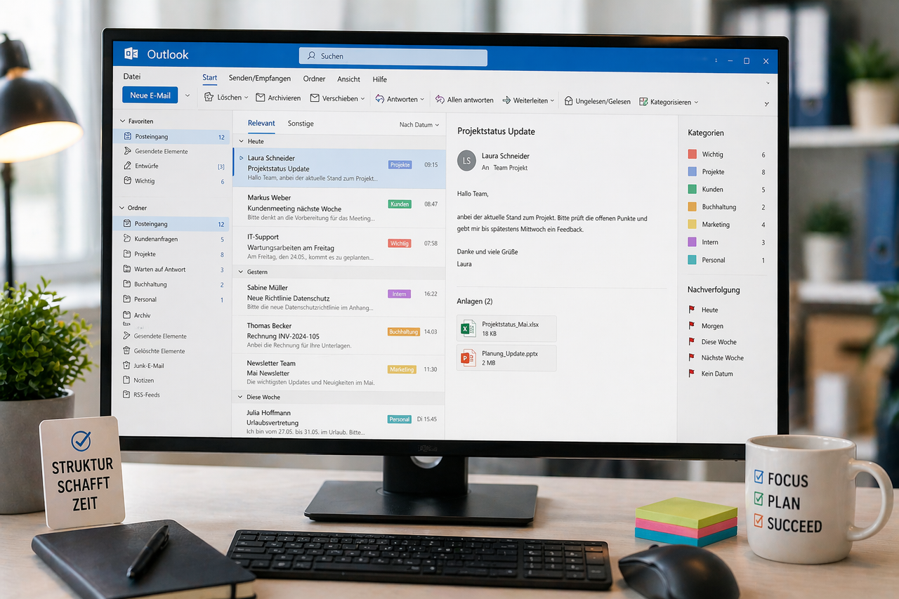 Gestructureerde Outlook Inbox met gekleurde categorieën en duidelijke mappen