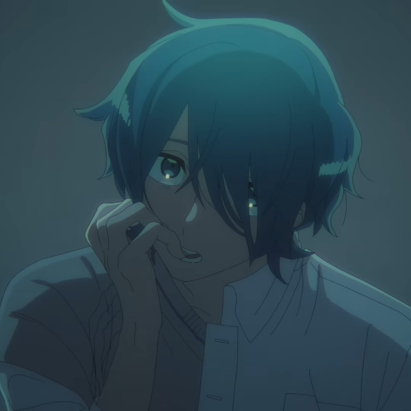 A screenshot from All Knowing and All Agony, where Haruka is holding a hand to his mouth, looking up and chewing on his pinkie finger's nail.