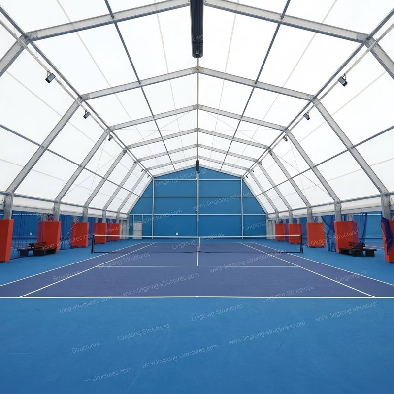 Tennis court tent interior with clear span space for tennis training and match play