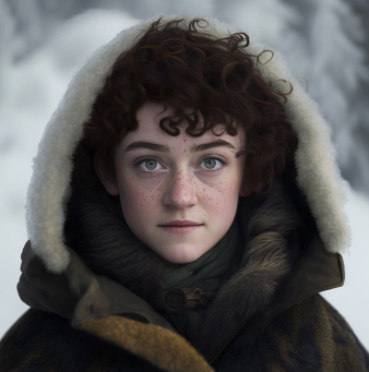 A pretty, straightforward Hin with dark curls and merry green eyes wearing winter gear