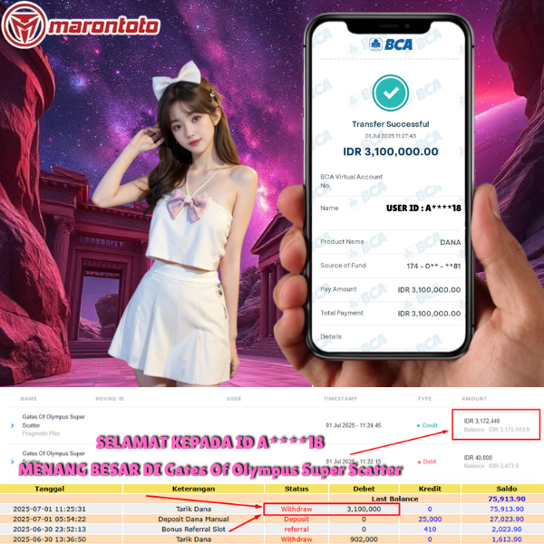 Bukti Kemenangan Member Marontoto Sebesar 3,100,000 JuTa
