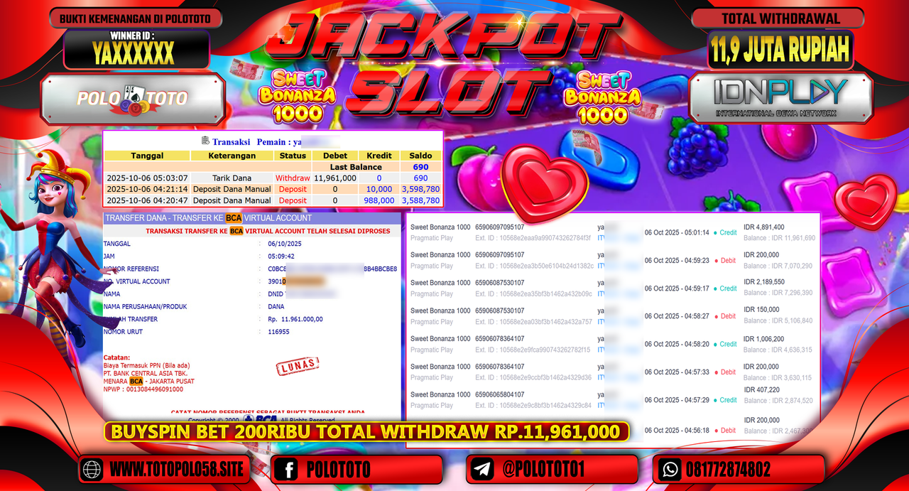 POLOTOTO JACKPOT SLOT SWEET BONANZA 1000 Rp.11.900.000,- LUNAS