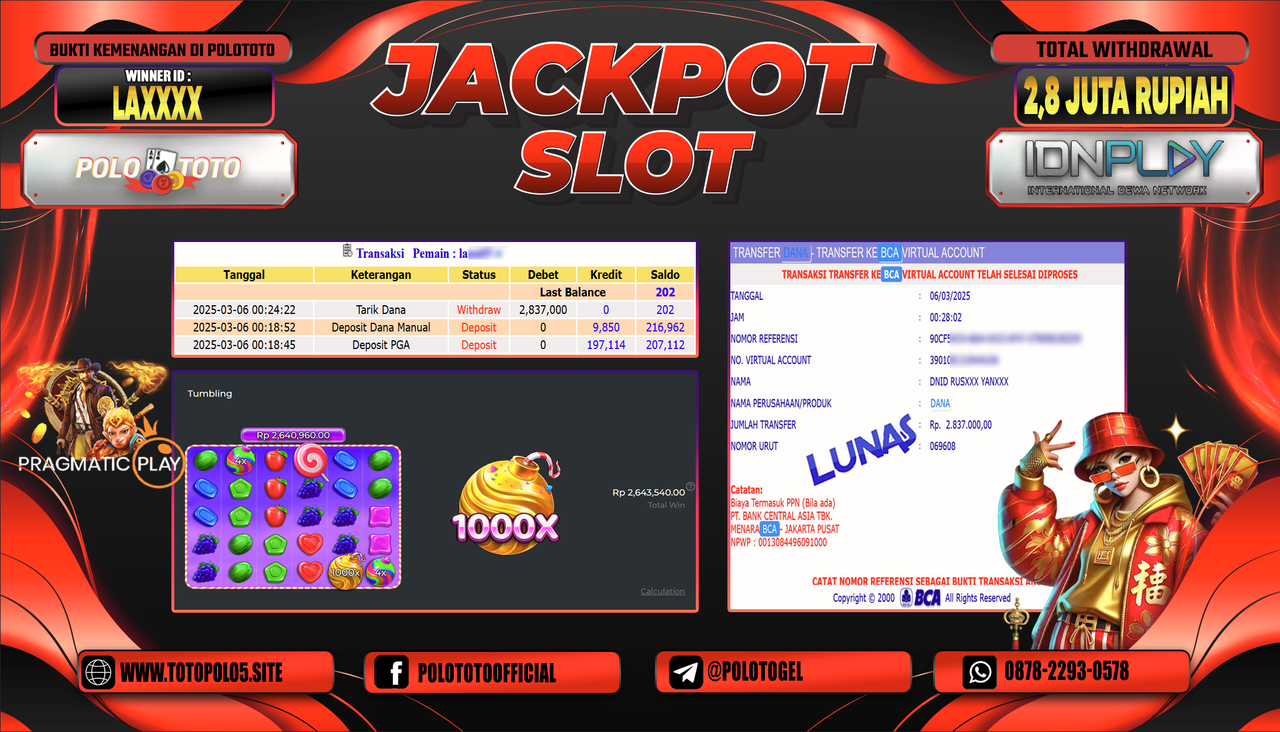 POLOTOTO JACKPOT SLOT SWEET BONANZA 1000 Rp.2.837.000,-