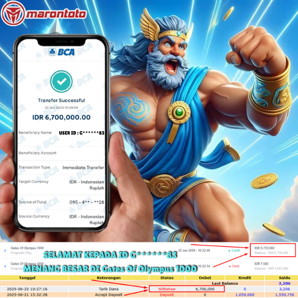 Bukti Kemenangan Member Marontoto Sebesar 6,700,000 JuTa