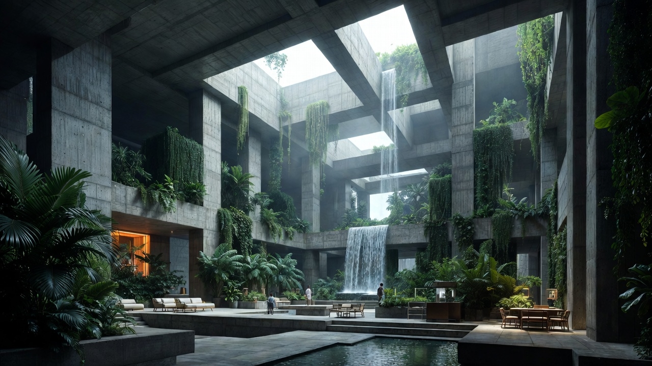 Brutalist courtyard concept integrated with lush greenery.