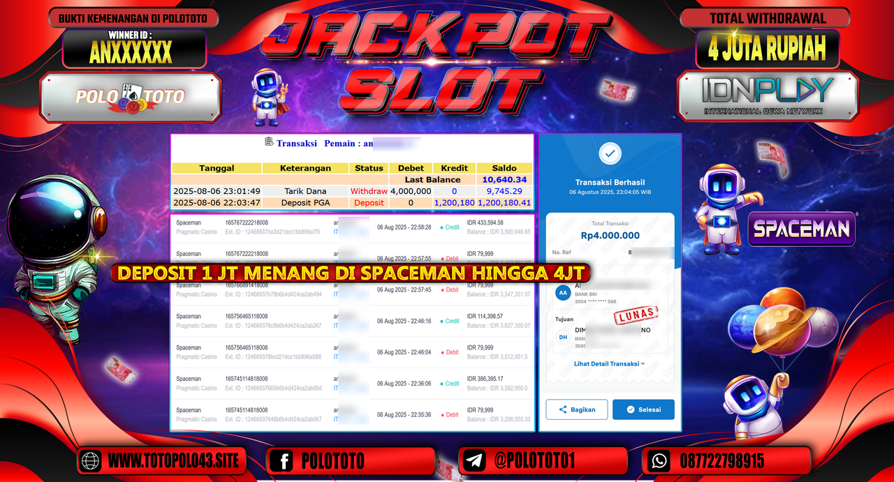 POLOTOTO JACKPOT SLOT SPACEMAN Rp.4.000.000,-LUNAS