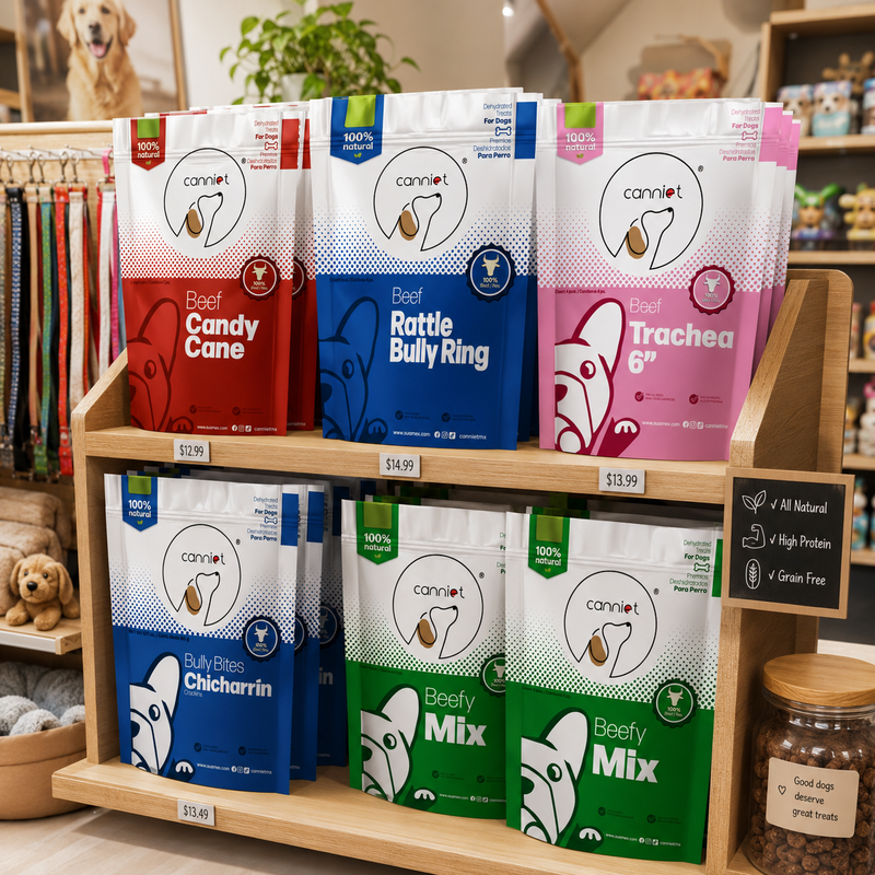 Productos Canniet en contexto comercial para tiendas de mascotas