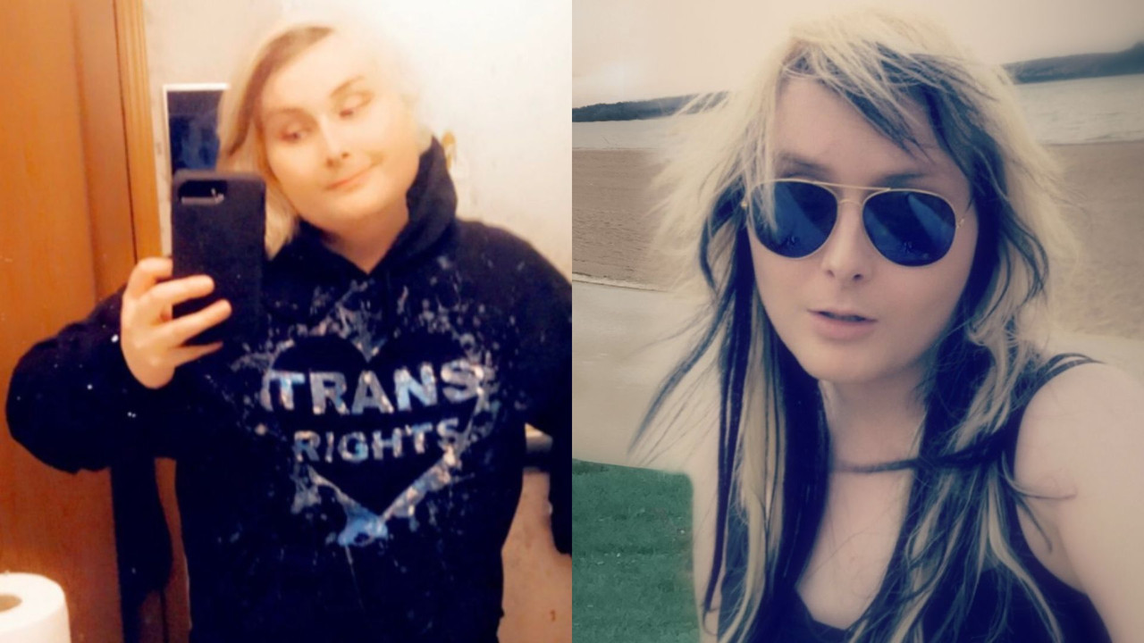 two photos side by side of Cali Miller taken by herself and posted on social media shes white with dirty blonde hair a round face and hazel eyes in one picture she can be seen wearing a hoodie with the phrase trans rights on it