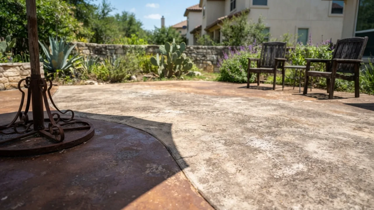 Stained concrete patio fading UV damage San Antonio