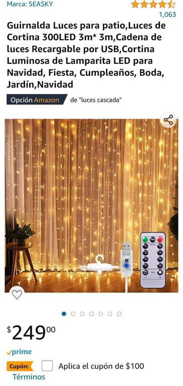 Amazon - Luces de Cortina 300LED 3m* 3m,Cadena de luces Recargable por USB, Cupón de $100 
