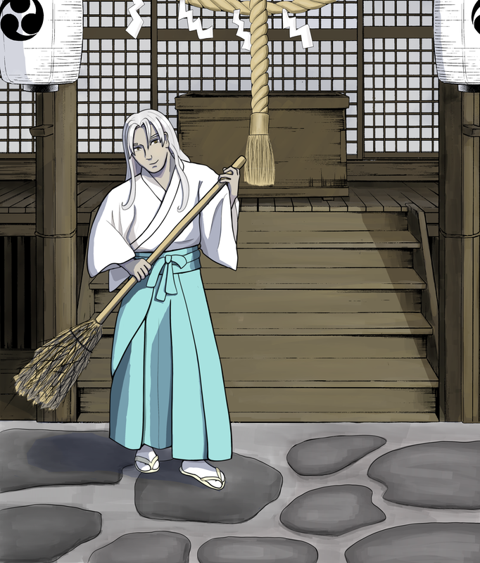 priest Thanatos sweeps in front of the shrine 