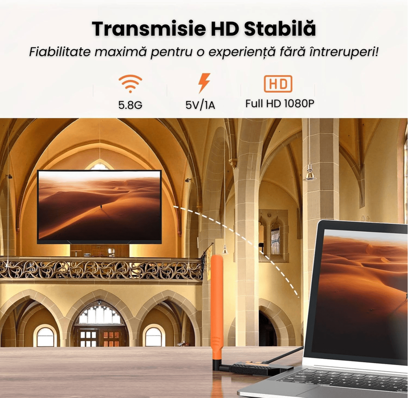 Kit extensie HDMI wireless 150m, Transmitator si receptor HDMI fara fir, Adaptor HDMI wireless Full HD 1080p, Dispozitiv transmisie video HDMI fara cabluri, Conexiune HDMI wireless pentru TV monitor proiector, HDMI wireless Plug & Play alimentare USB 5V, Sistem de oglindire ecran fara fir, Extender HDMI wireless cu tehnologie 2.4G+5G WiFi, Streaming video HD fara lag stabil si clar, Kit HDMI wireless cu antene rotative 360°