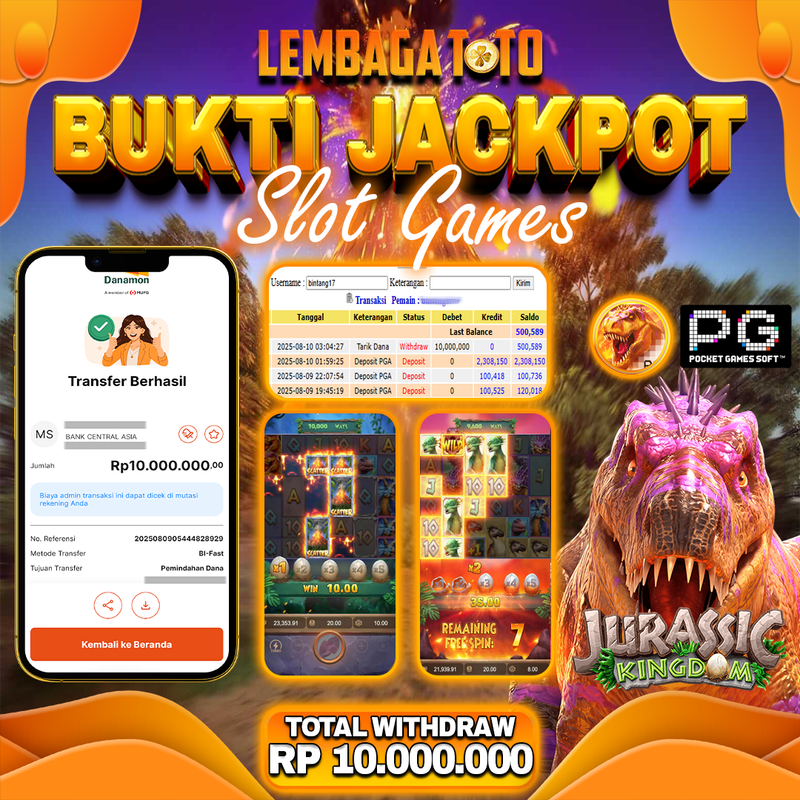 BUKTI JACKPOT 10 AGUSTUS LEMBAGATOTO JURASSIC KINGDOM  Rp.10.000.000,- LUNAS