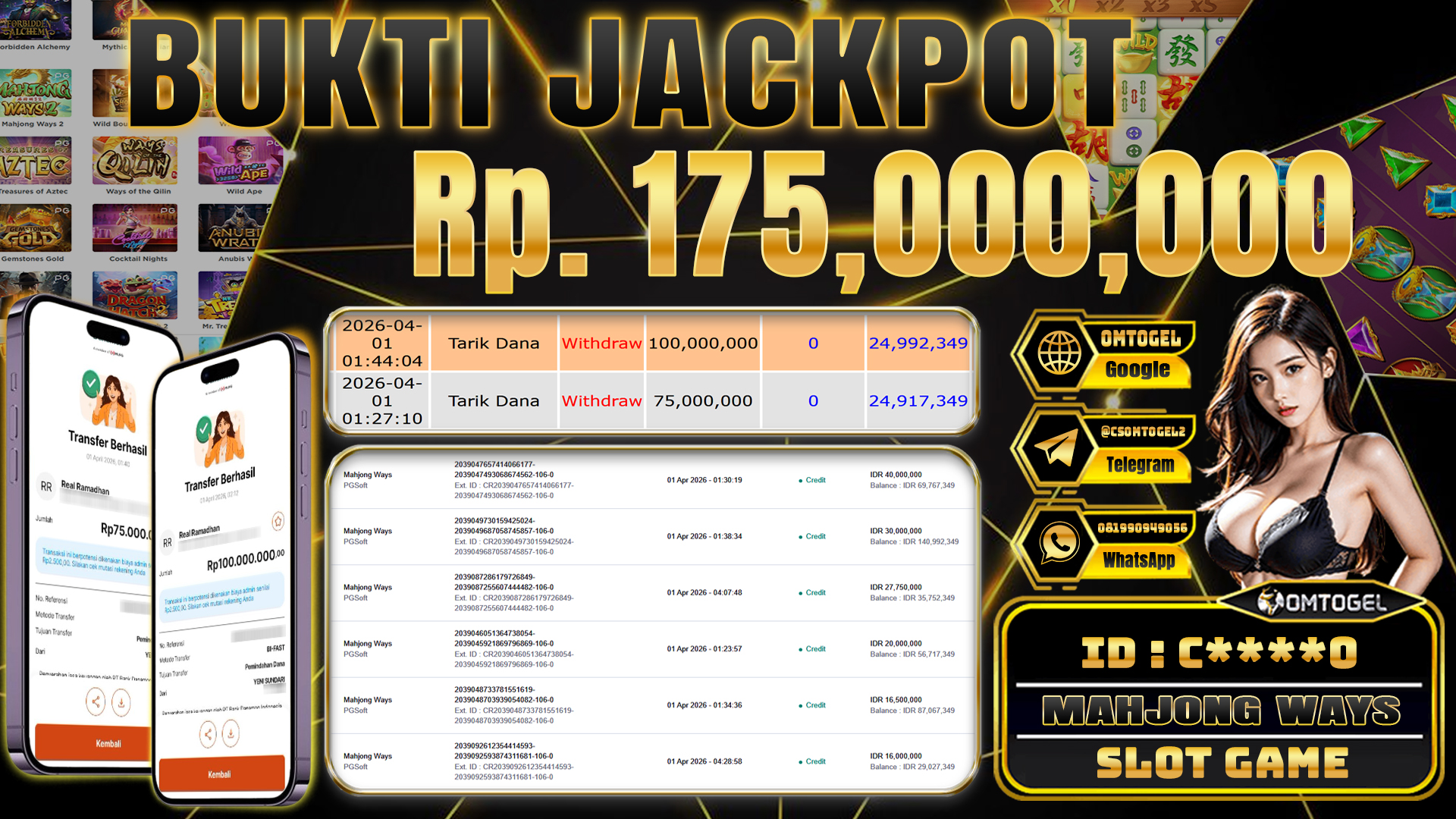 OMTOGEL JACKPOT PG SOFT MAHJONG WAYS  ,175 JUTA DI BAYAR LUNAS ,-