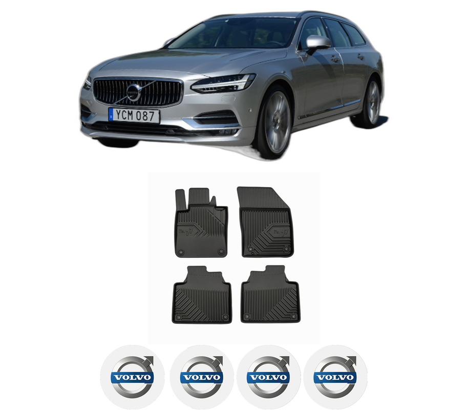 Set covorase presuri VOLVO V90 II Estate (235) din 2016-2023, auto, din cauciuc thermoplastic, 4 Stickere auto cu VOLVO