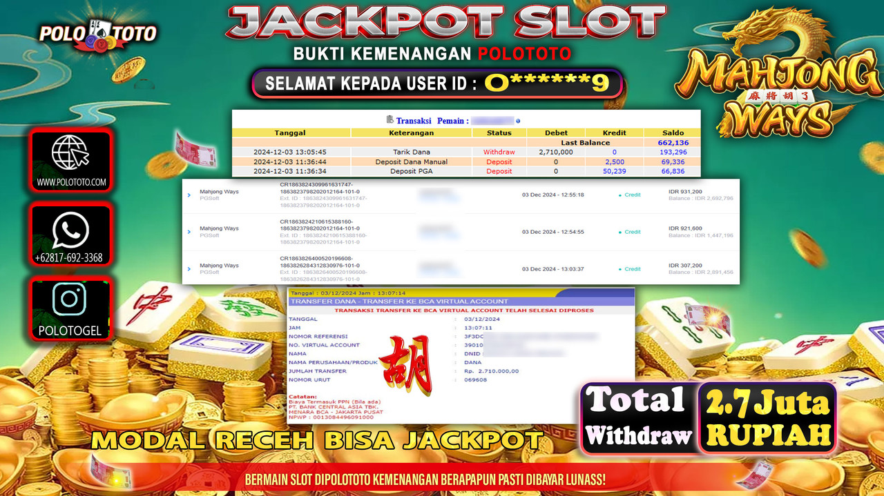 POLOTOTO JACKPOT SLOT MAHJONG WAYS Rp.2,710.000,-