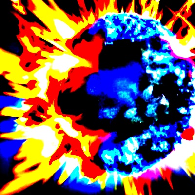 a colorful, powerful explosion when a ball of superheated plasma slams into a ball of super cold ice at great speeds