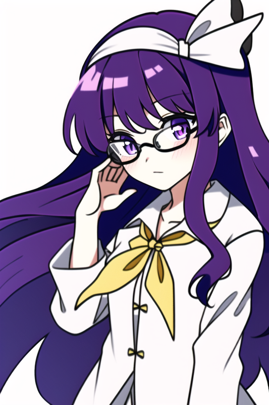 1girl, touhou, purple hair, purple eyes, long hair, hair, streaked hair, small breasts, labcoat, whi