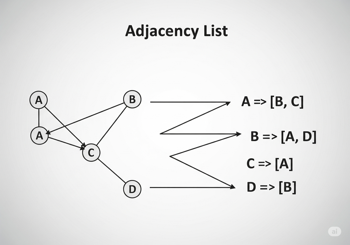 A visual comparison of a simple undirected graph and its Adjacency List representation.