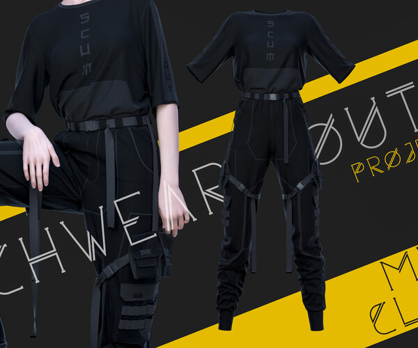 Clo3d/Marvelous designer Techwear female outfit.