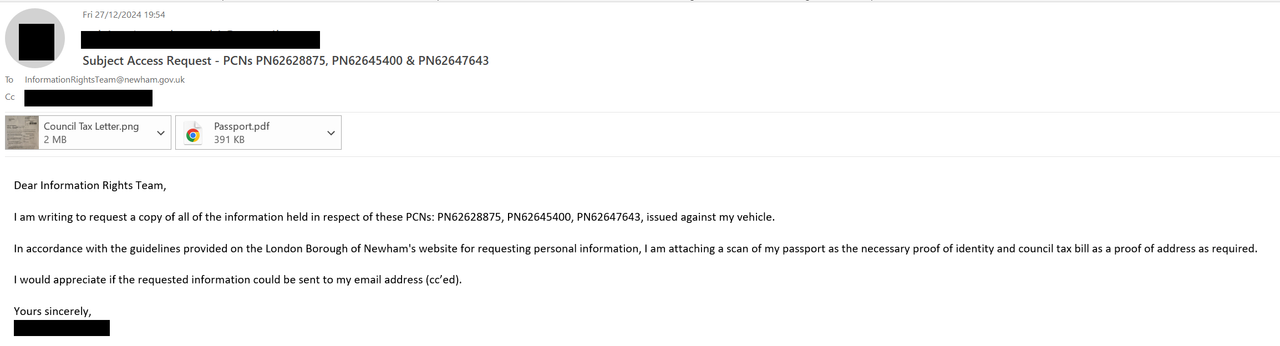 Subject Access Request - PCNs PN62628875, PN62645400 & PN62647643