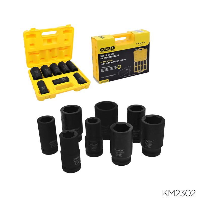 SET MALETA DE DADOS DE IMPACTO 8PZAS "KAMASA" - 3/4"DR.(19,22,24,27,30,32,33,38 X 80MM)