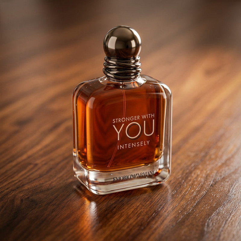 Luxury men's cologne bottle placed on rich wooden surface with warm tones, classic masculine style