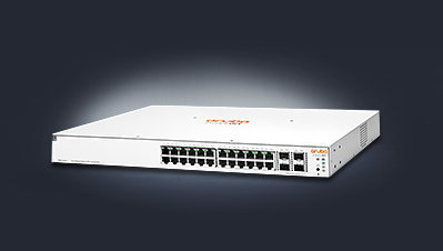 Vista frontal do Switch HPE Aruba Instant On 1930 24G Classe 4 PoE+ (JL684B), destacando as 24 portas Gigabit PoE+ e os slots SFP+.