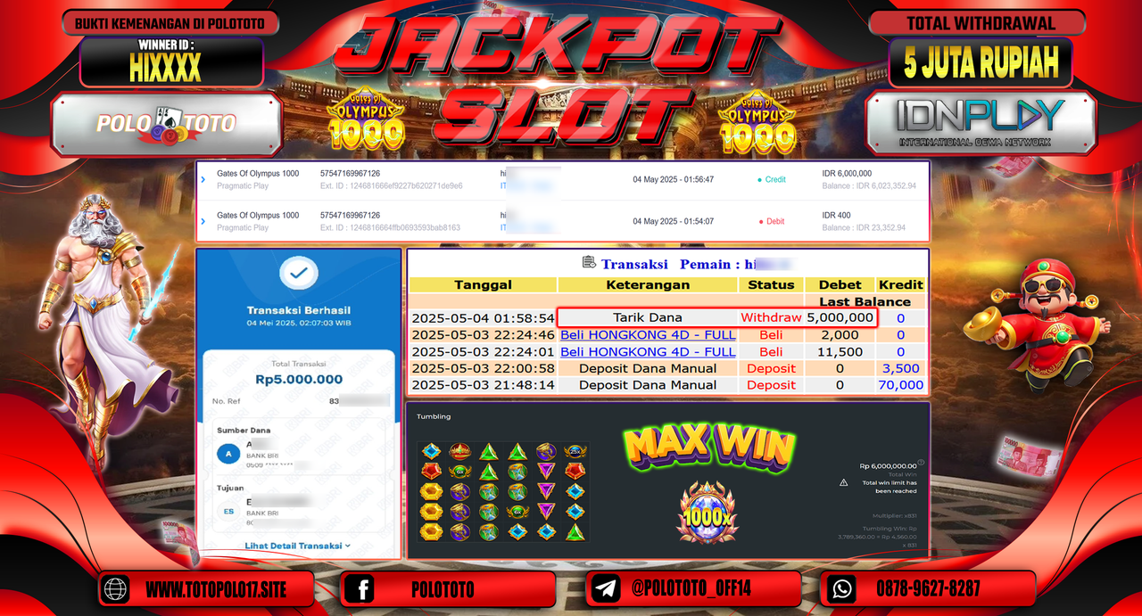 POLOTOTO JACKPOT SLOT GATES OF OLYMPUS 1000 Rp.5.000.000,-